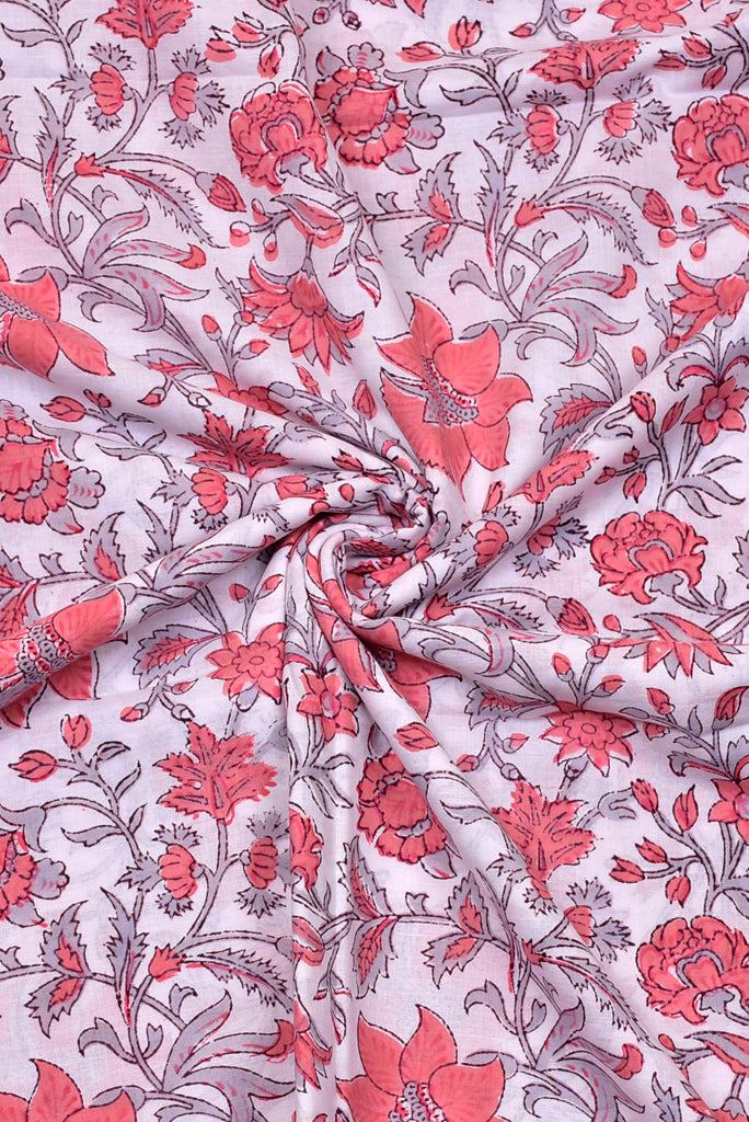 White & Pink Flower Print Cotton Fabric