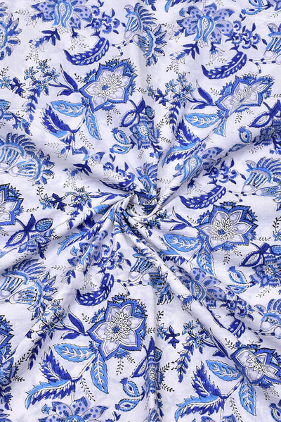 White & Blue Flower Print Cotton Fabric