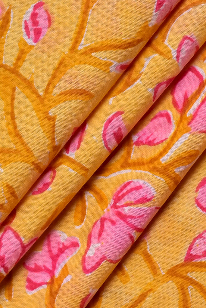 (Cut Piece 0.55 Mtr) Yellow & Pink Flower Print Cotton Fabric