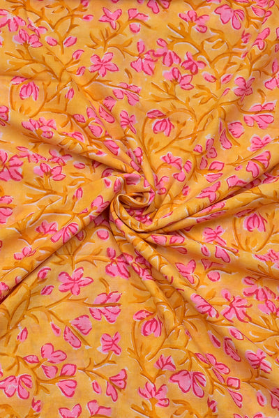 (Cut Piece 0.55 Mtr) Yellow & Pink Flower Print Cotton Fabric