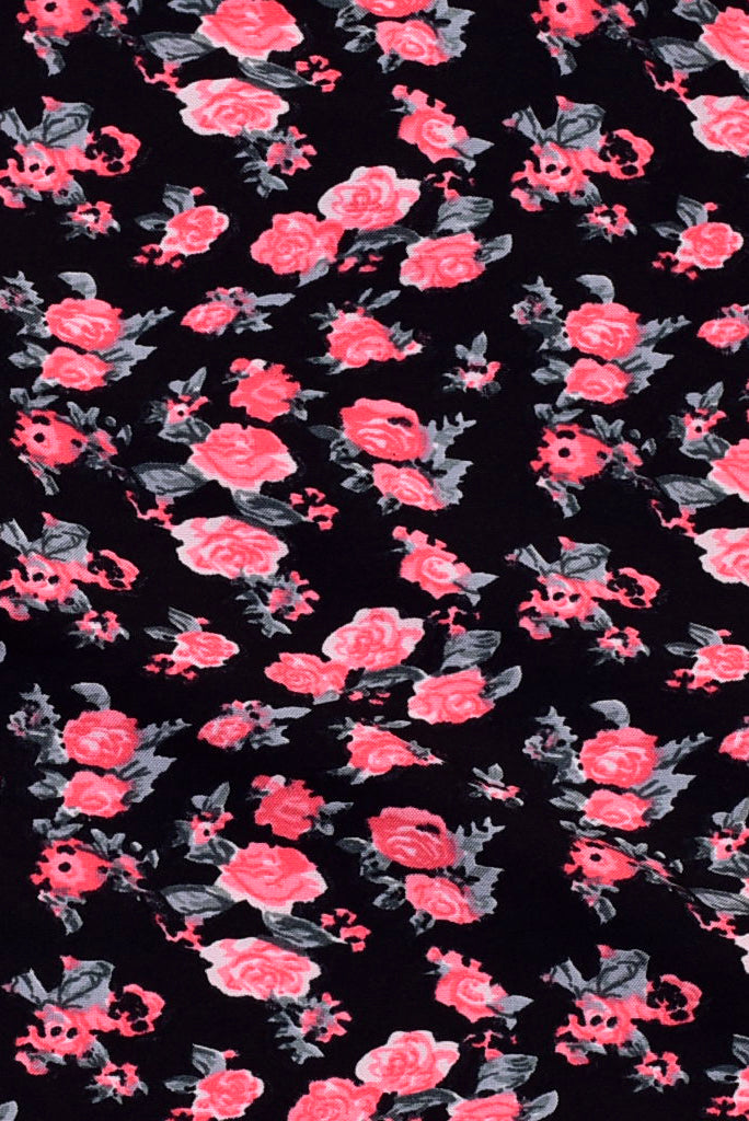 Black & Pink Flower Print Rayon Fabric