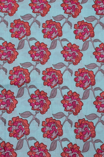 Sky Blue Flower Print Cotton Fabric