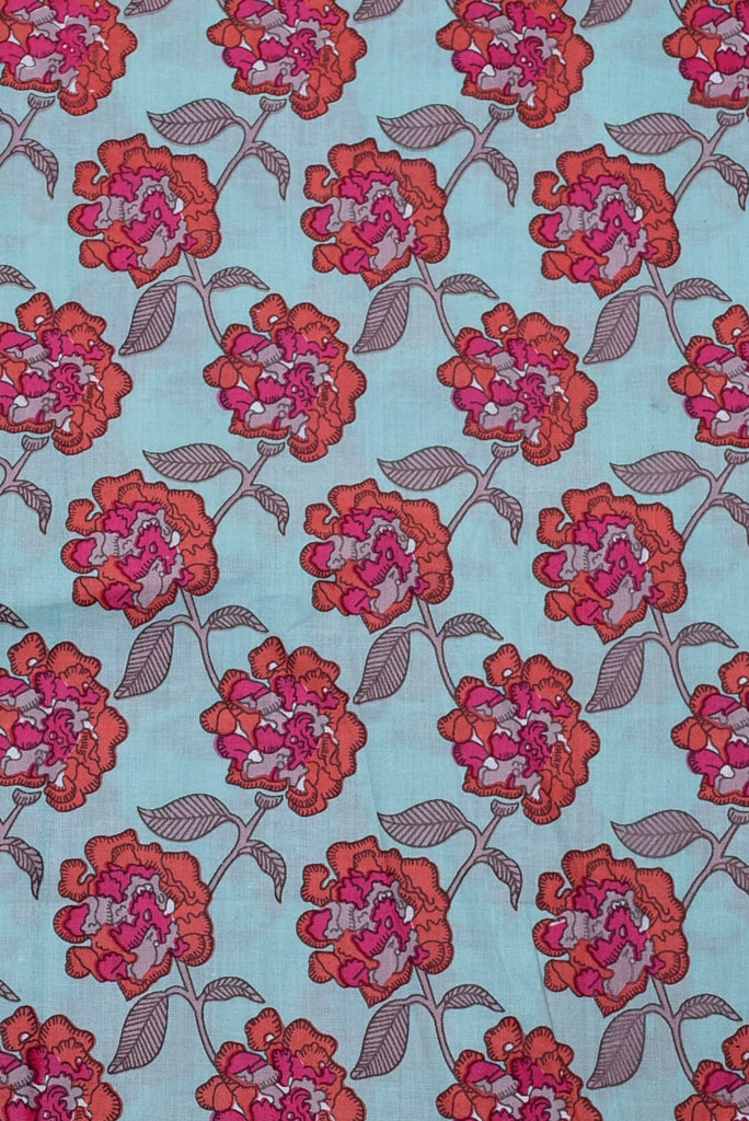 (Cut Piece 0.60 Mtr) Sky Blue Flower Print Cotton Fabric