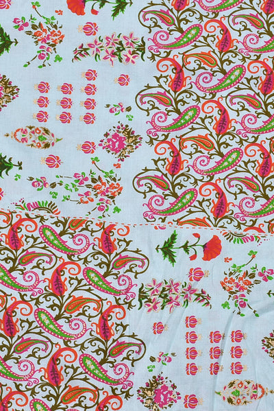 White & Pink Leaves Print Rayon Fabric