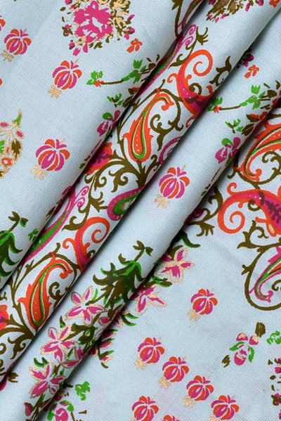 (Cut Piece 0.75 Mtr) White & Pink Leaves Print Rayon Fabric