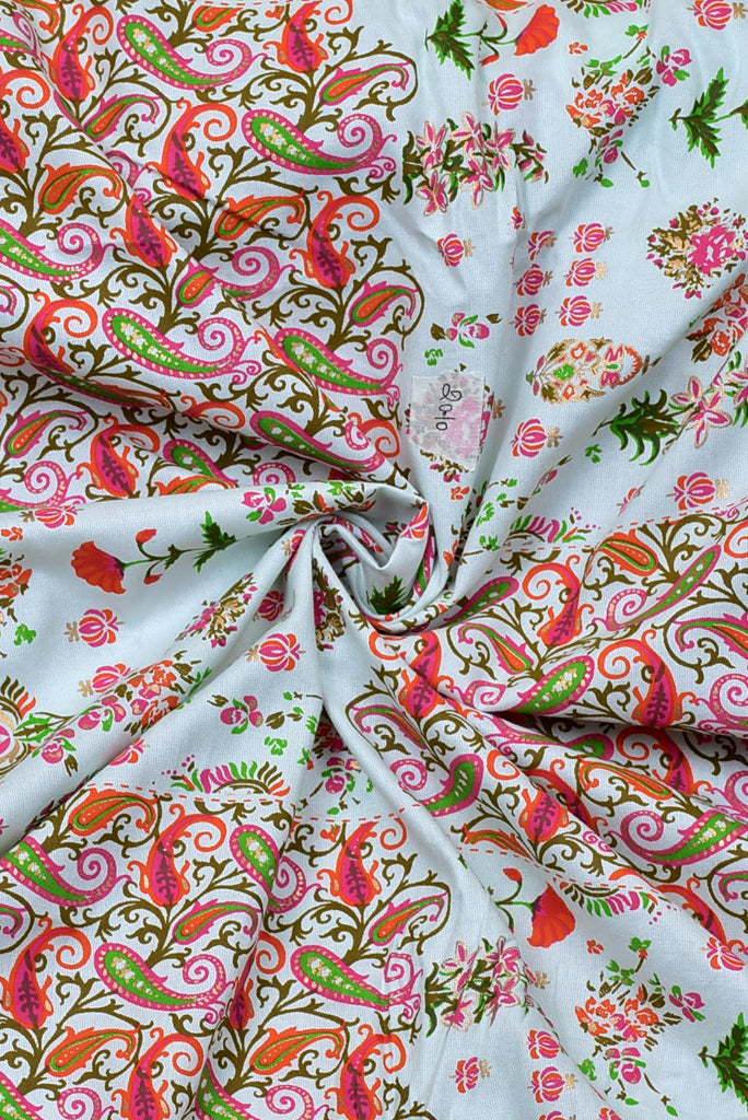 White & Pink Leaves Print Rayon Fabric