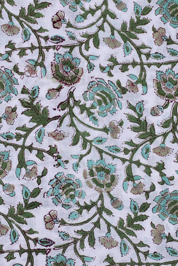 White & Green Flower Print Cotton Fabric