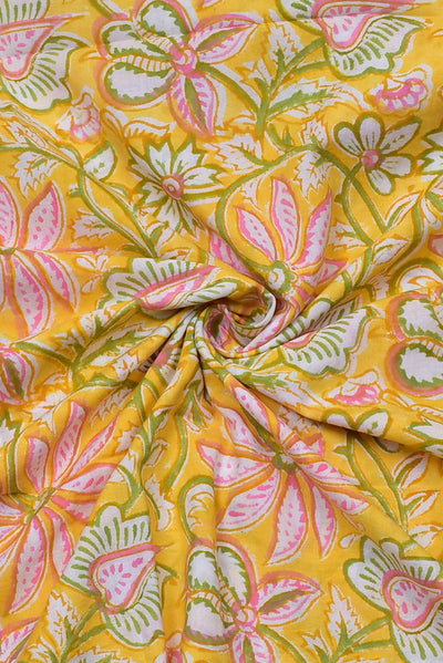 Yellow & Pink Flower Print Cotton Fabric