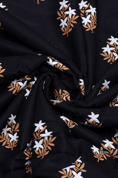Black Russian Flower Print Cotton Fabric