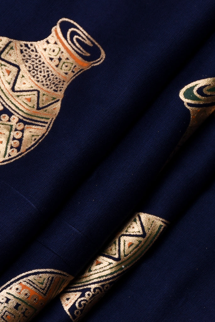 Navy Blue Gold Pot Print Rayon Fabric