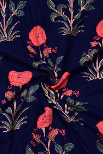 Dark Blue & Pink Flower Print Rayon Fabric