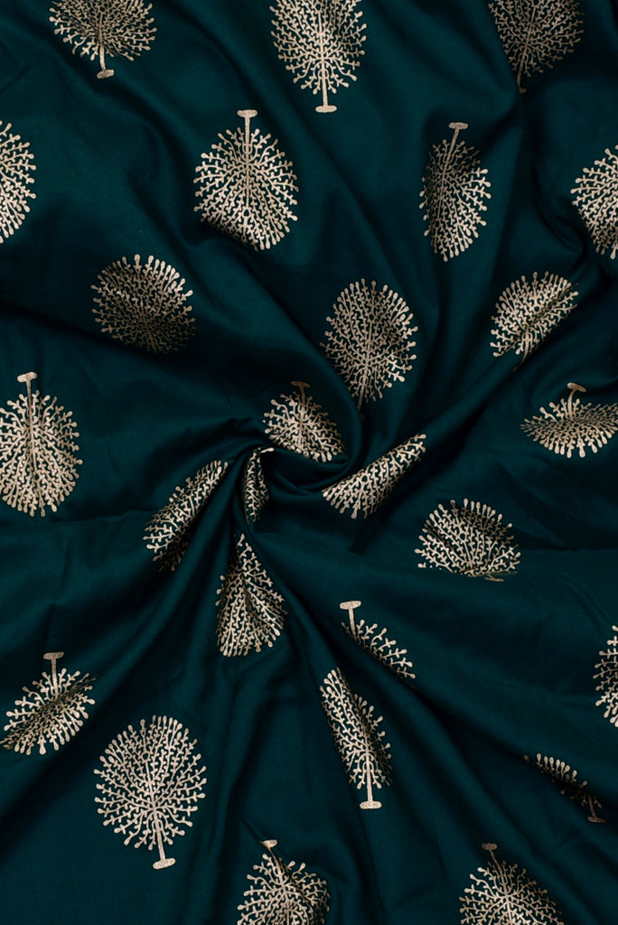 Dark Green with Gold Tree Print Rayon Fabric