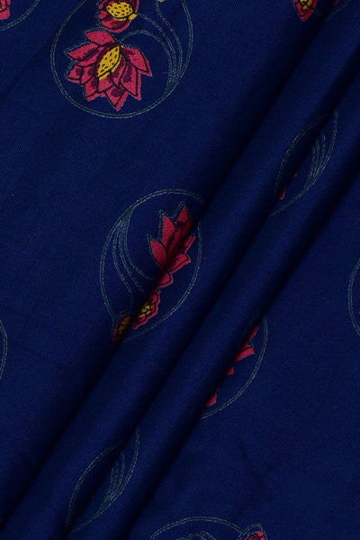 Navy Blue & Pink Flower Print Rayon Fabric