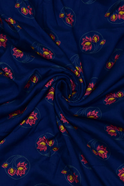 Navy Blue & Pink Flower Print Rayon Fabric