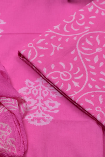 Pink with White Flower Print Cotton Unstitched Suit Set with Chiffon Dupatta