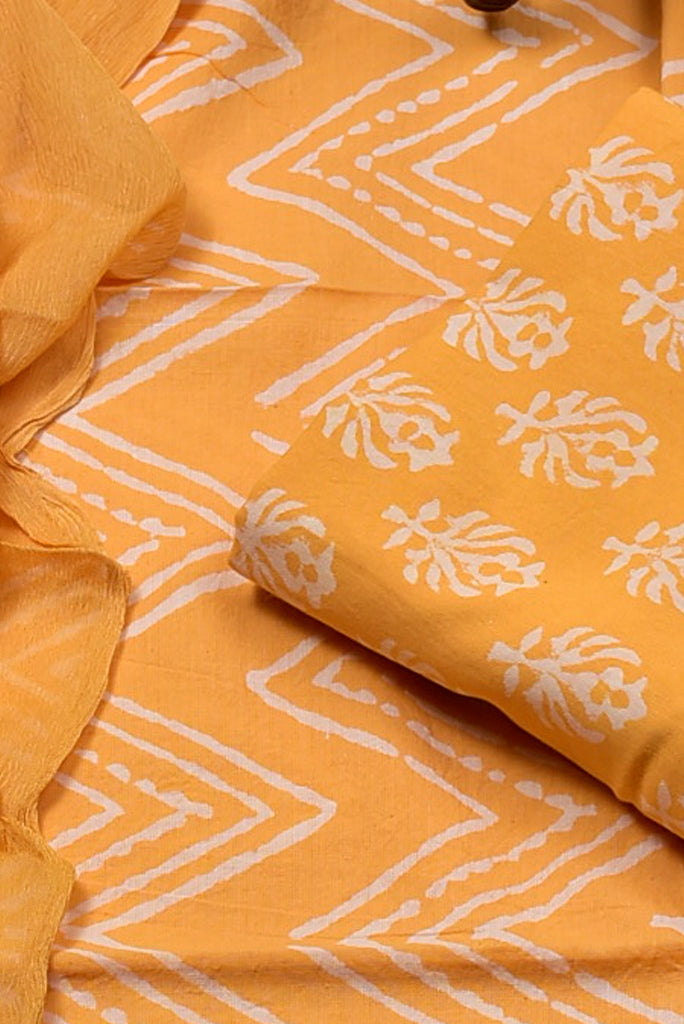 Light Orange Flower Print Cotton Unstitched Suit Set with Chiffon Dupatta