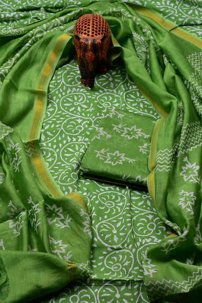 Green Flower Print Chanderi Unstitched Suit Set with Cotton Bottom