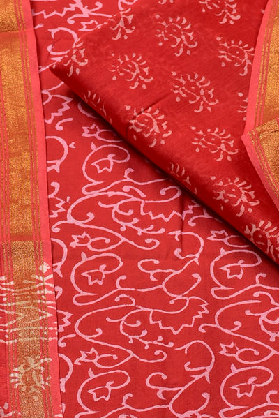 Pink Flower Print Chanderi Unstitched Suit Set with Cotton Bottom