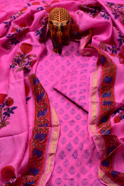 Light Pink Flower Print Chanderi Unstitched Suit Set with Cotton Bottom