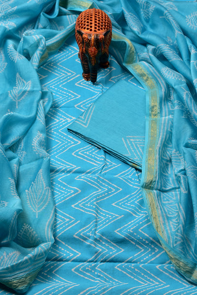 Sky Blue Zig Zak Print Chanderi Unstitched Suit Set with Cotton Bottom