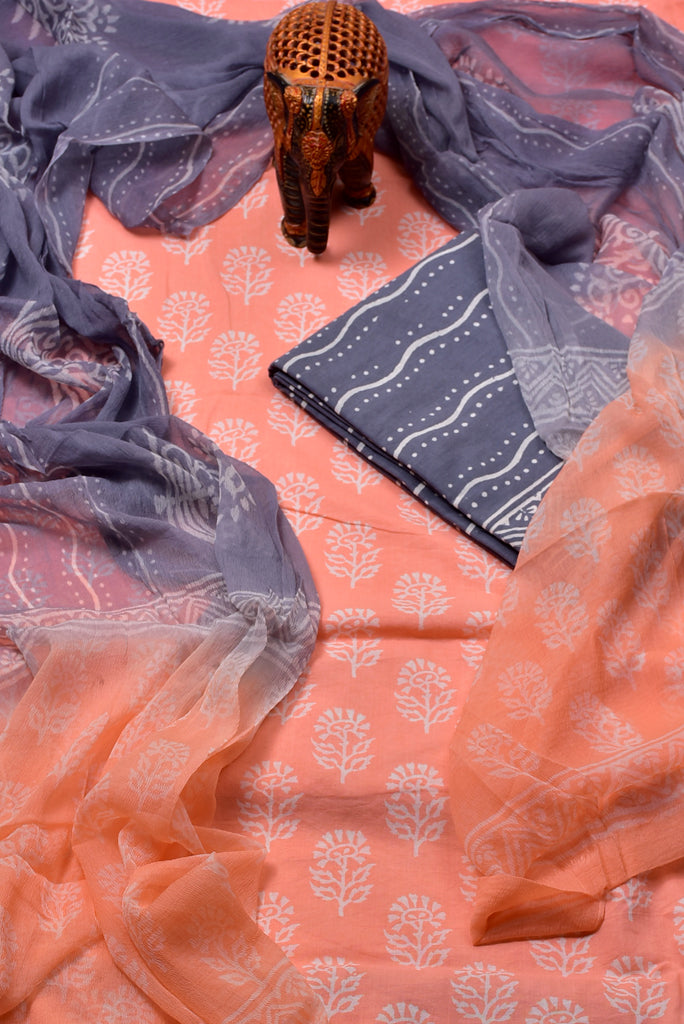Light Pink with Blue Plant Print Cotton Unstitched Suit Set with Chiffon Dupatta