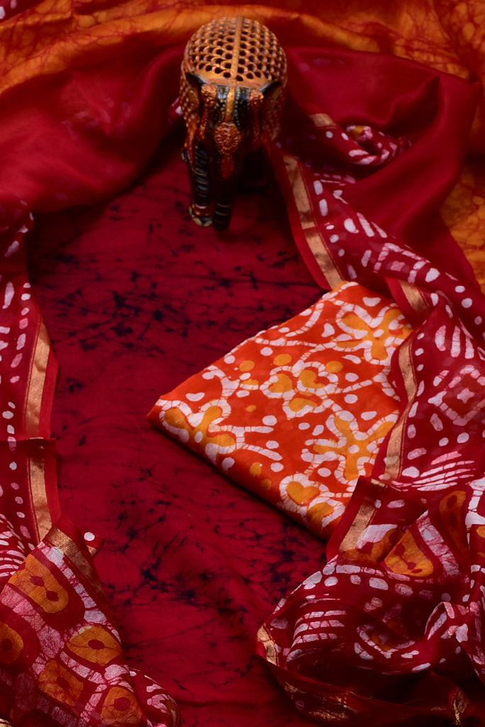 Dark Red Flower Print Chanderi Unstitched Suit Set with Cotton Bottom