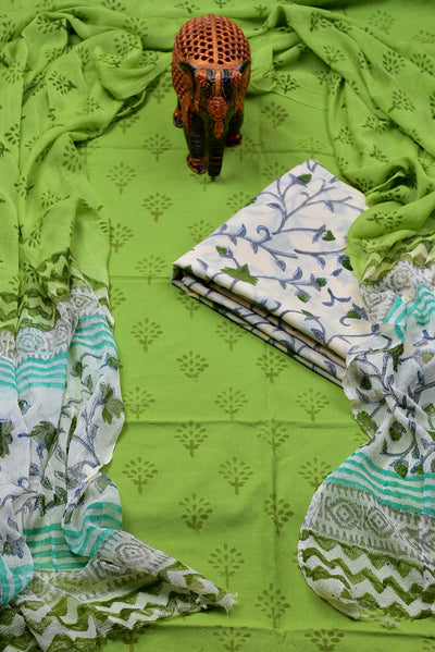 Green Leaf Print Cotton Unstitched Suit Set with Chiffon Dupatta