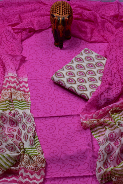 Erani Pink Leaf Print Cotton Unstitched Suit Set with Chiffon Dupatta