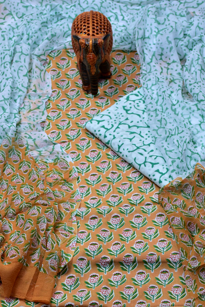 Light Mustered Flower Print Cotton Unstitched Suit Set with Chiffon Dupatta