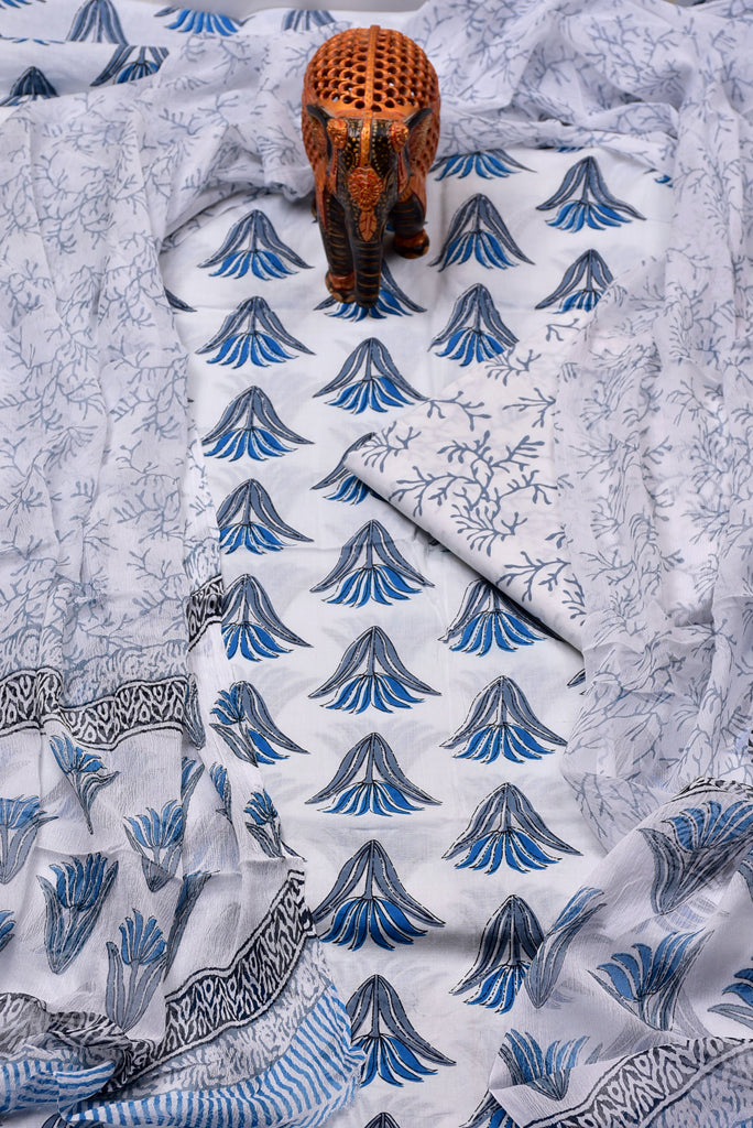 White with Blue Flower Print Cotton Unstitched Suit Set with Chiffon Dupatta