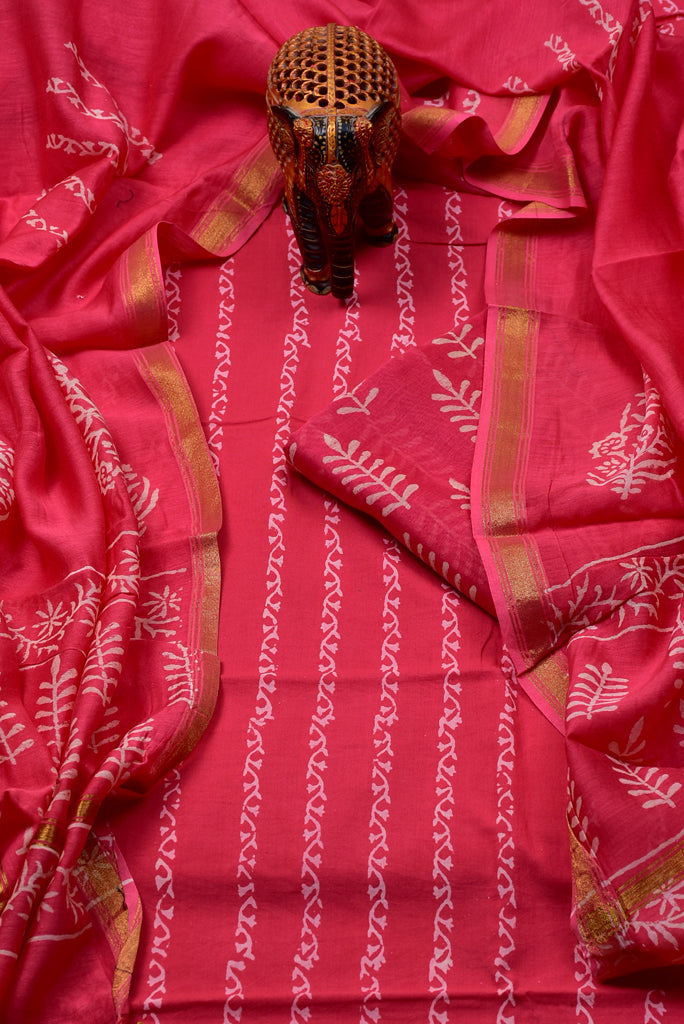 Pink Leaf Print Chanderi Unstitched Suit Set with Cotton Bottom