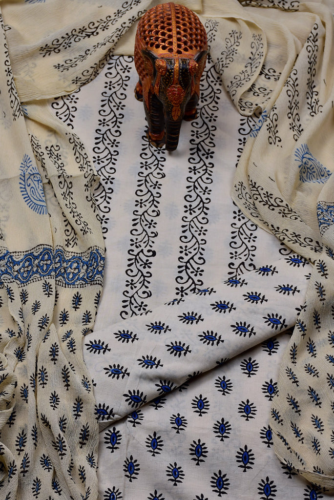 White with Blue Leaf Print Cotton Unstitched Suit Set with Chiffon Dupatta