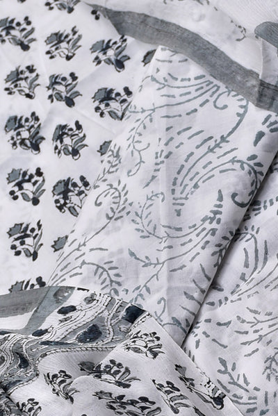 White with Grey Leaf Print Cotton Unstitched Suit Set with Chiffon Dupatta