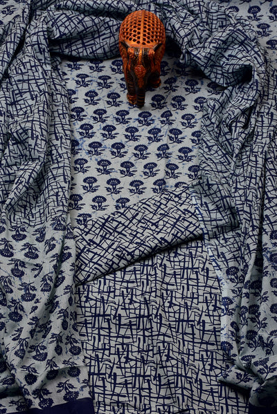 White with Dark Blue Flower Print Cotton Unstitched Suit Set with Cotton Dupatta