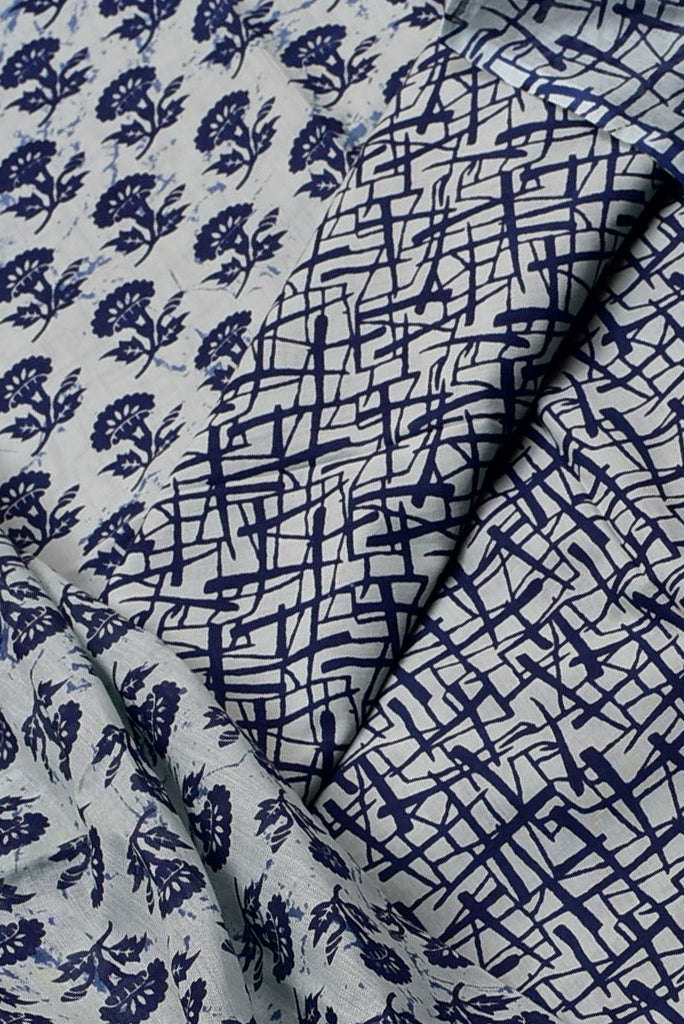 White with Dark Blue Flower Print Cotton Unstitched Suit Set with Cotton Dupatta