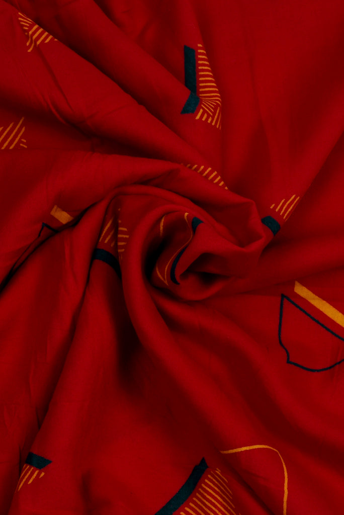 Red Yellow Triangular Cotton Screen Print Fabric