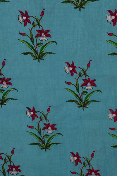 Sky Blue Floral Cotton Screen Print Fabric