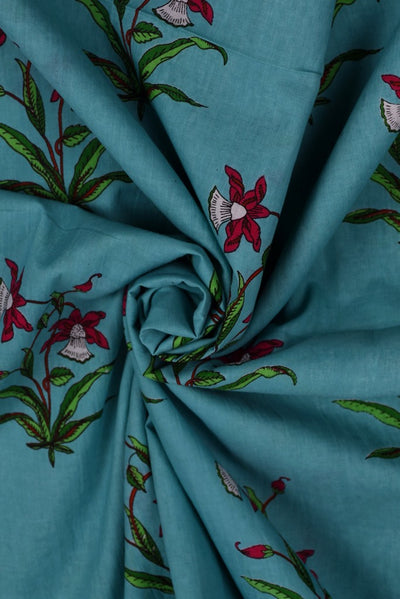 Sky Blue Floral Cotton Screen Print Fabric