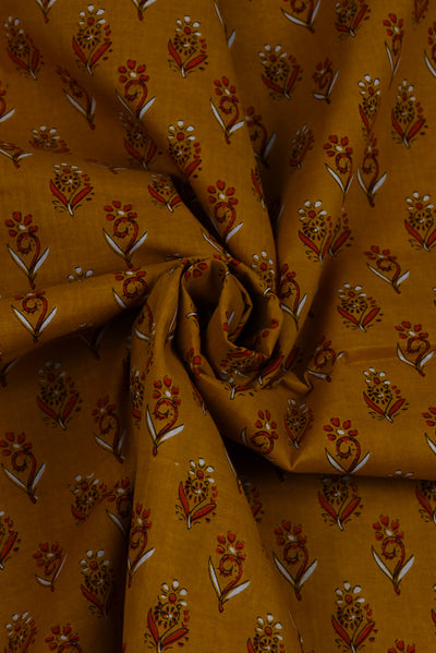 Mustard Yellow Floral Cotton Screen Print Fabric