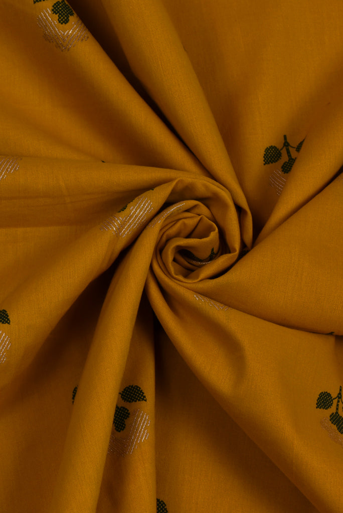 Green Leaf Gold Flower Yellow Cotton Screen Print Fabric