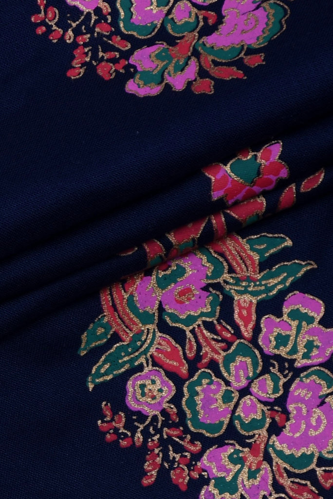 Navy Blue Pink Flower Cotton Screen Print Fabric