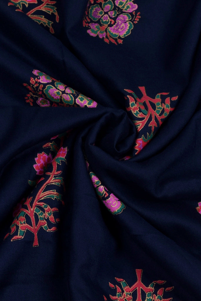 Navy Blue Pink Flower Cotton Screen Print Fabric