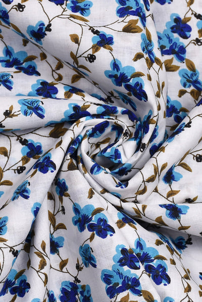 Blue Floral White Cotton Screen Print Fabric