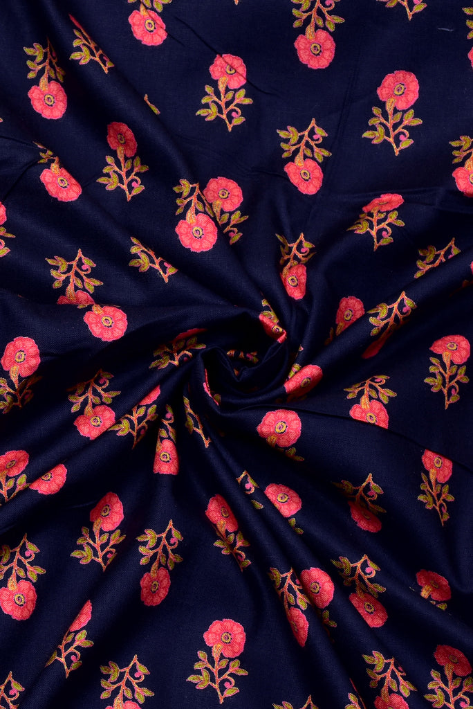Dark Blue with Pink Flower Print Rayon Fabric
