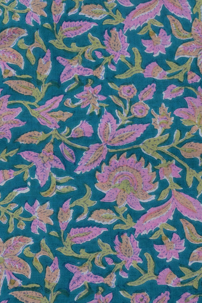 Blue with Pink Flower Print Cotton Fabric