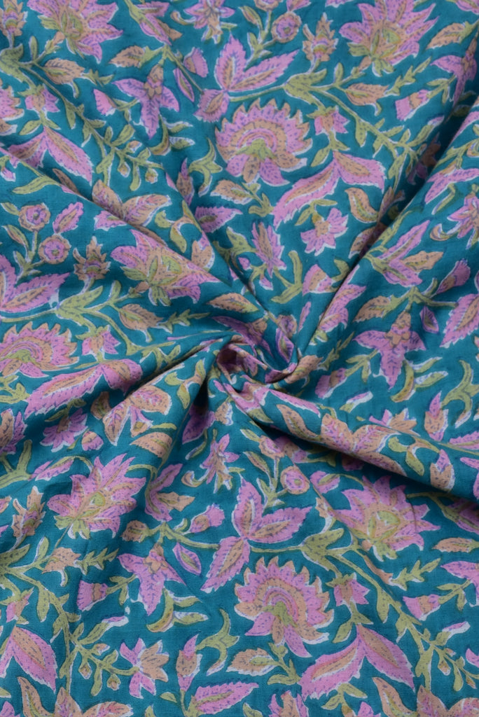Blue with Pink Flower Print Cotton Fabric