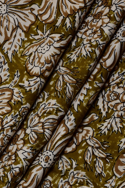 (Cut Piece 0.70 Mtr)Brown Flower Print Rayon Fabric