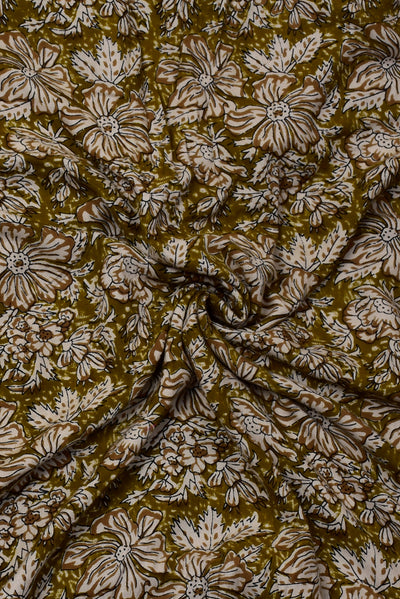 (Cut Piece 0.70 Mtr)Brown Flower Print Rayon Fabric