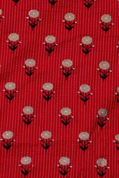 Red Flower Print Kantha Cotton Fabric