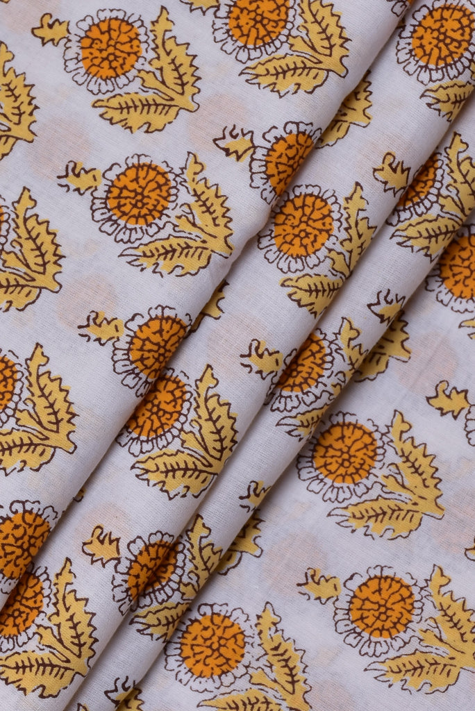 White with Yellow Leaf Print Rayon Fabric